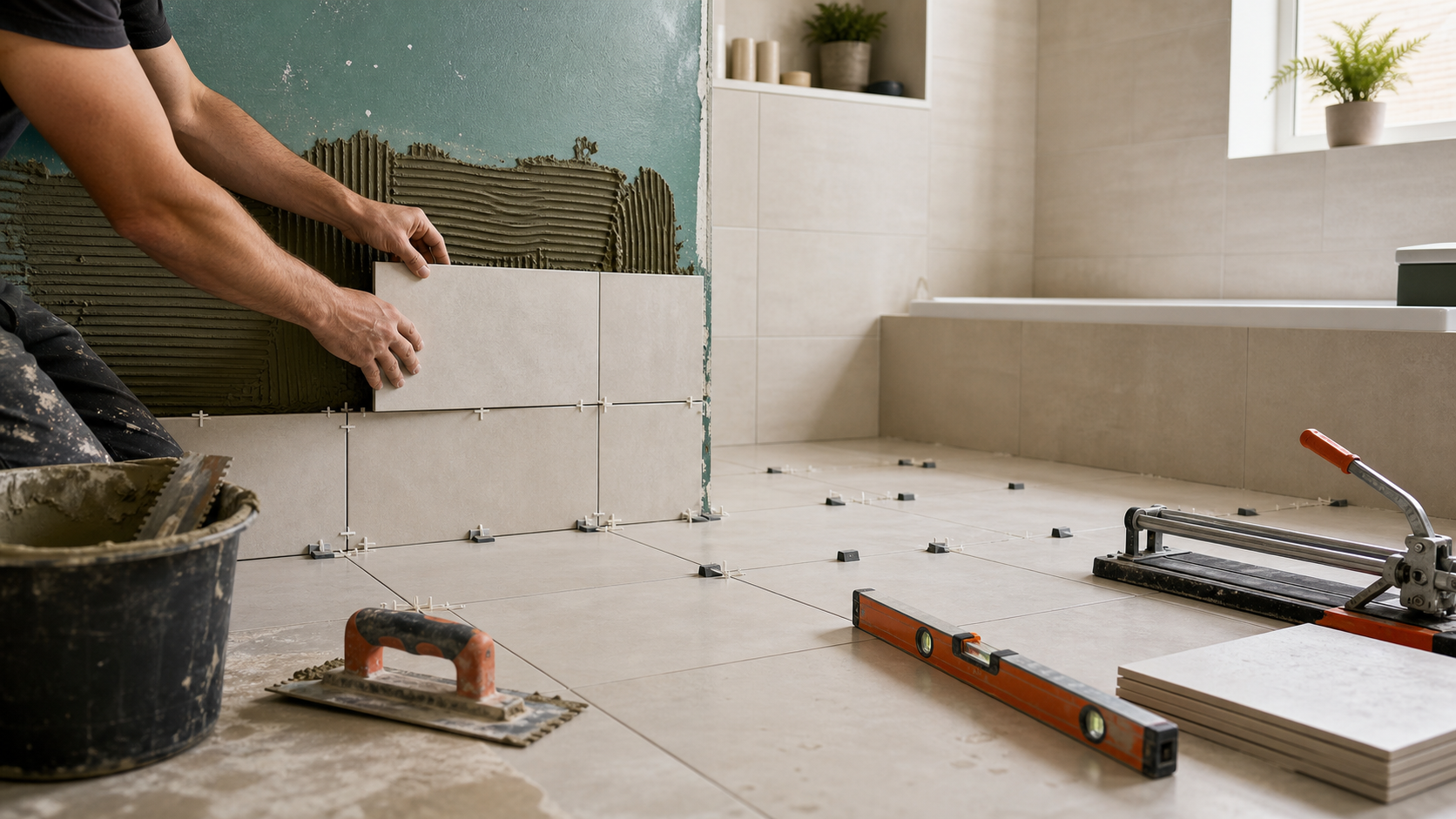 Wall tiles being aligned during a bathroom renovation